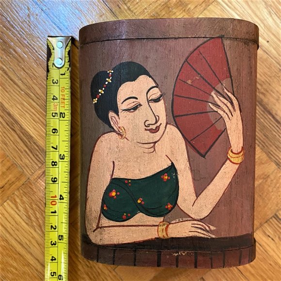 2/$40 Vintage Tiki 60s 70s wooden lady with fan trinket jewelry box - Picture 9 of 11